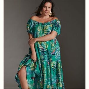 Anthropologie Maeve Tropical Green Tiered Maxi Dress Sz. S